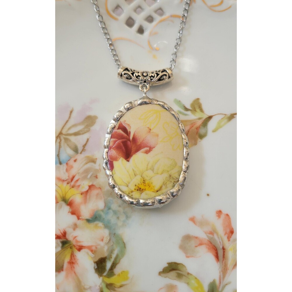 Upcycled Broken China Necklace, Yellow and Pink Floral Pendant